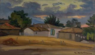 Nerantza, Houses at Dusk, No Sea — Oil painting, Canvas, 33.00×55.00cm — Theodoros Markellos